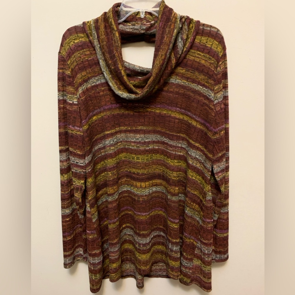 NWT MAURICES Striped Multicolor Cowl Neck Sweater w/ Open Back of Neck